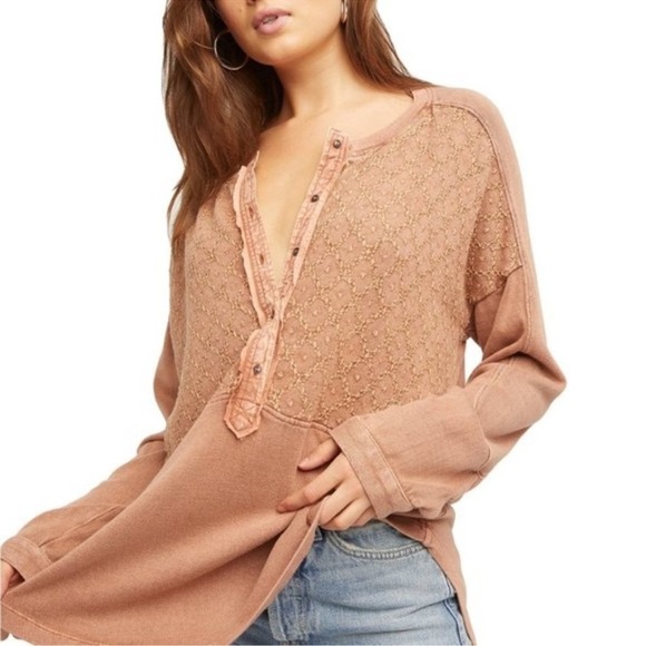 Free People Free Spirit Henley Top in Red Clay Combo Thermal Sz Small brown - Picture 1 of 7